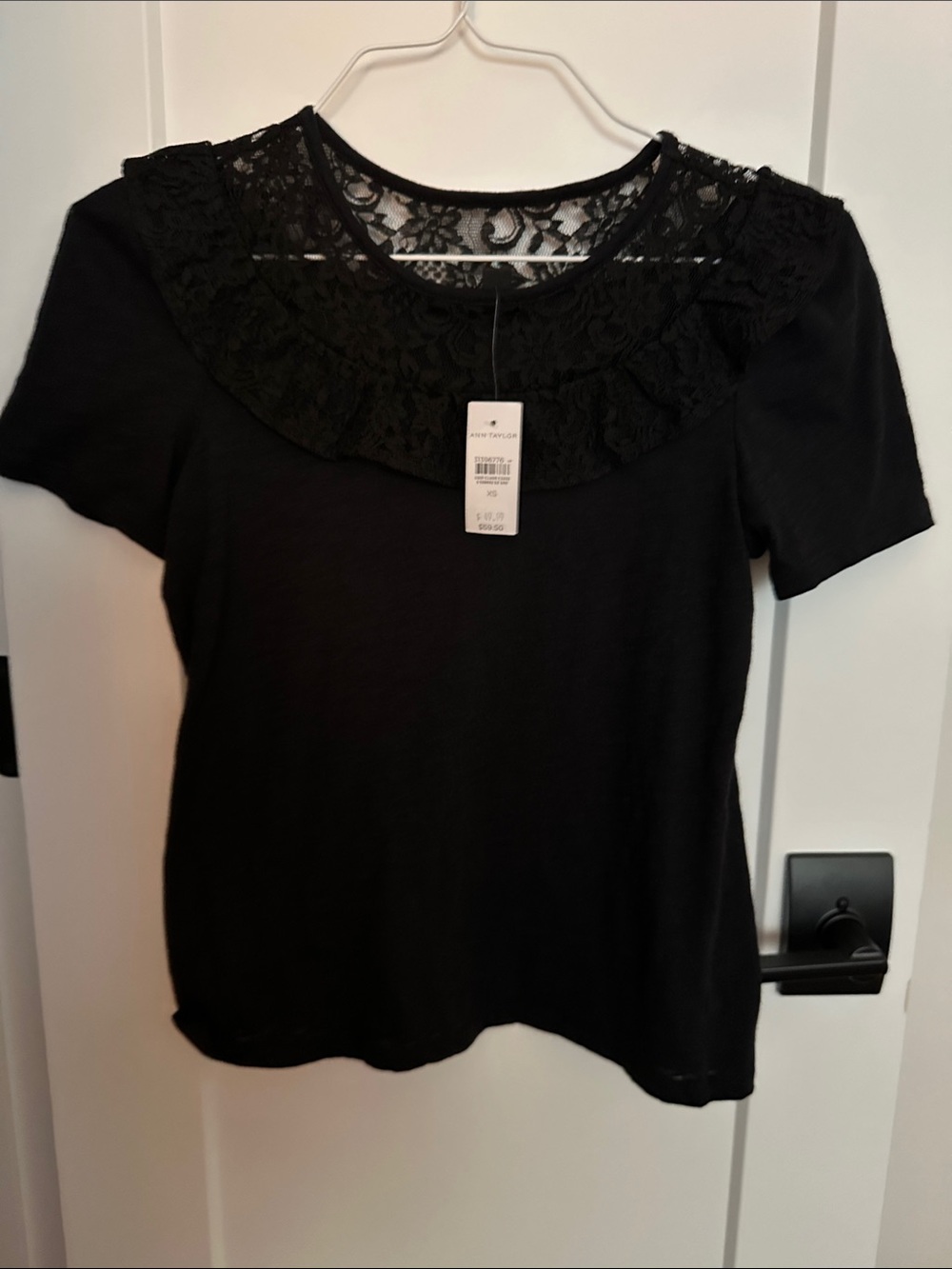 Ann Taylor Black Short Sleeve Top with Lace Yoke